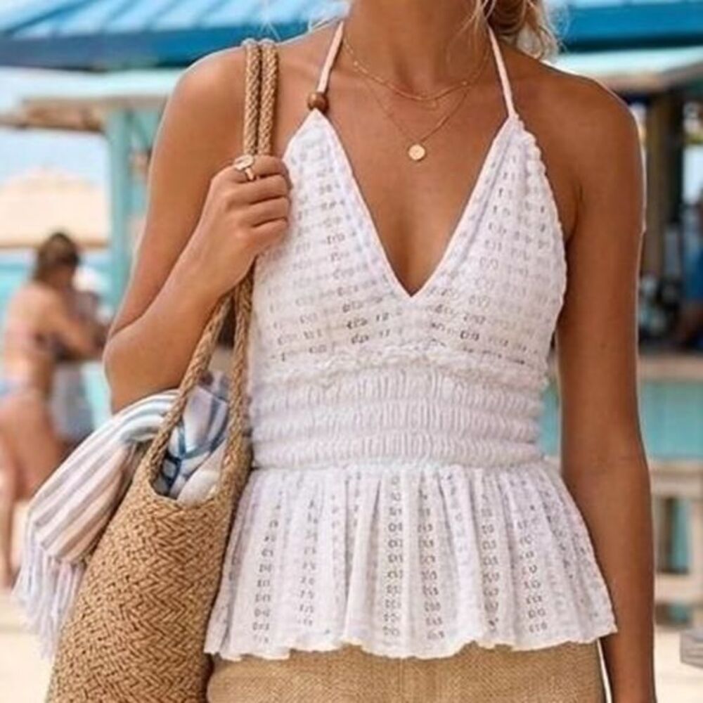 White Crochet Smocked Halter Top - Size Large (L)** Coastal  boho Y2K  beachy